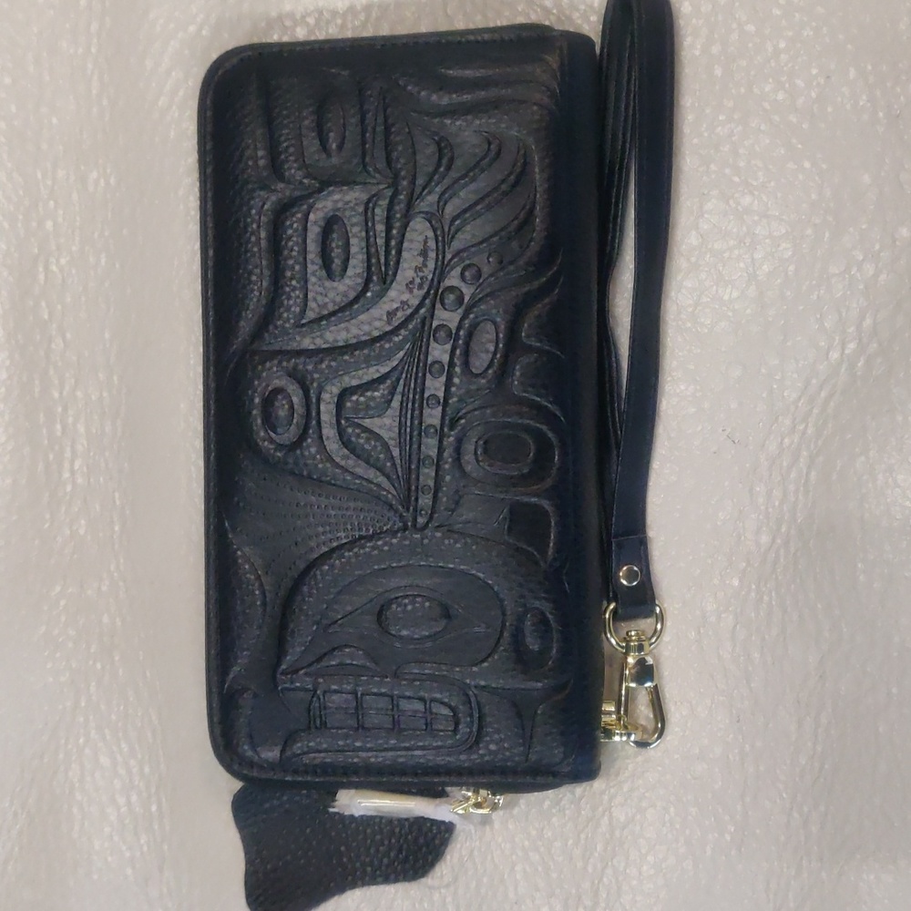 Large Leather Wallet with Indigenous Art 'Feasted Orca' by Douglas LaFortune